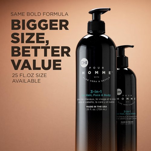 CHI Pour Homme 3-in-1 Hair, Face & Body Wash for Men, Sulfate-Free Cleansing & Moisturizing Shampoo, Fresh Woody Scent, Aloe Vera & Nettle-Infused Grooming Cleanser, 25 oz
