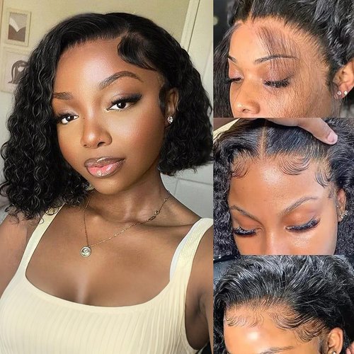 Espive 8Inch Deep Wave Bob Wig Human Hair 13x4 Frontal Lace Wig 220% Density Short Bob Wigs Human Hair for Black Women Natural Hairline Glueless Curly Bob Wig With Baby Hair Natural Black