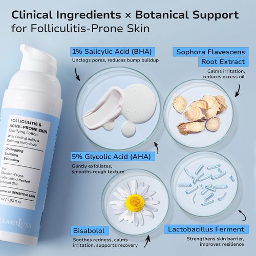 BellamiLuxx Folliculitis Acne Lotion for Body: Helps Reduce Itch, Redness, Body Acne, Bumps & Uneven Texture with Salicylic & Glycolic Acid + Botanicals - Gentle Care for Folliculitis-Prone Skin