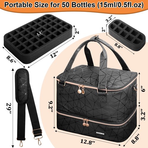 ahzske Nail Polish Organizer Bag Holds Nail Lamp& 50 Bottles (15ml/0.5fl.oz), PU Leather Nail Supplies Organizer Case with Shoulder& Holder Strap, Travel Nail Kit Storage for Manicure Tools (Black)