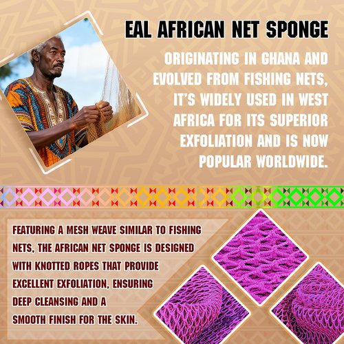 SpiralScgv 4 Pieces Real African Net Sponge – Exfoliating for Smooth & Glowing Skin – Long-Lasting Nylon Mesh, Quick-Dry for Daily Shower Use (Yellow, Pink, Purple, Green)