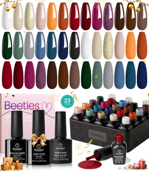 Beetles Gel Nail Polish Kit - 23Pcs Burgundy Red Brown Orange Purple Colors Gel Polish Set Brown Gray Blue Green Soak Off Uv Gel Base Top Coat Gifts for Girls Glowing Attraction