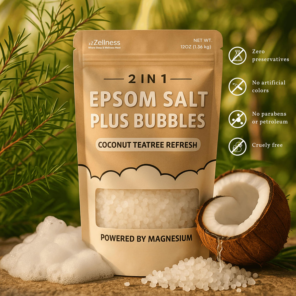 ZZZELLNESS Epsom Salt Plus Bubbles – Coconut & Teatree Scented Foaming Bath Soak – Magnesium Sulfate for Muscle Recovery, Stress Relief & Relaxation – Great for Aromatherapy – 12 oz