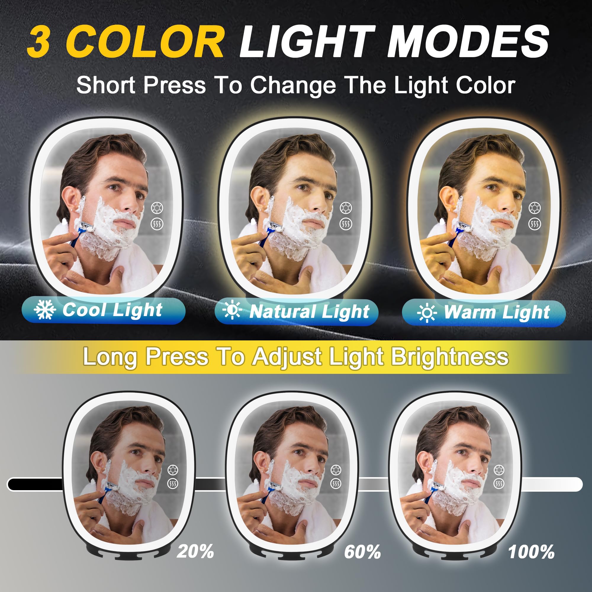 VOCOSTE Shaving Mirror for Shower Fogless, Heated Anti-Fog Mirror with 3-Color Dimmable LED Lights, 360° Rotation & 2 Weeks Runtime 5000mAh, Shower Mirror for Shaving Men, 2 Razors Holders