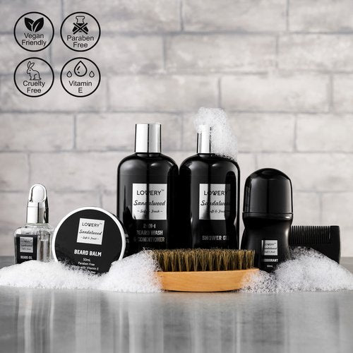 Gifts for Men, Valentines Day Gifts for Him Body And Wash Gift Set Beard Kit and Body Care, Sandalwood Spa Baskets, Bath and Beard Grooming Kit, for Husband, Dad, Beard Balm Growth Oil