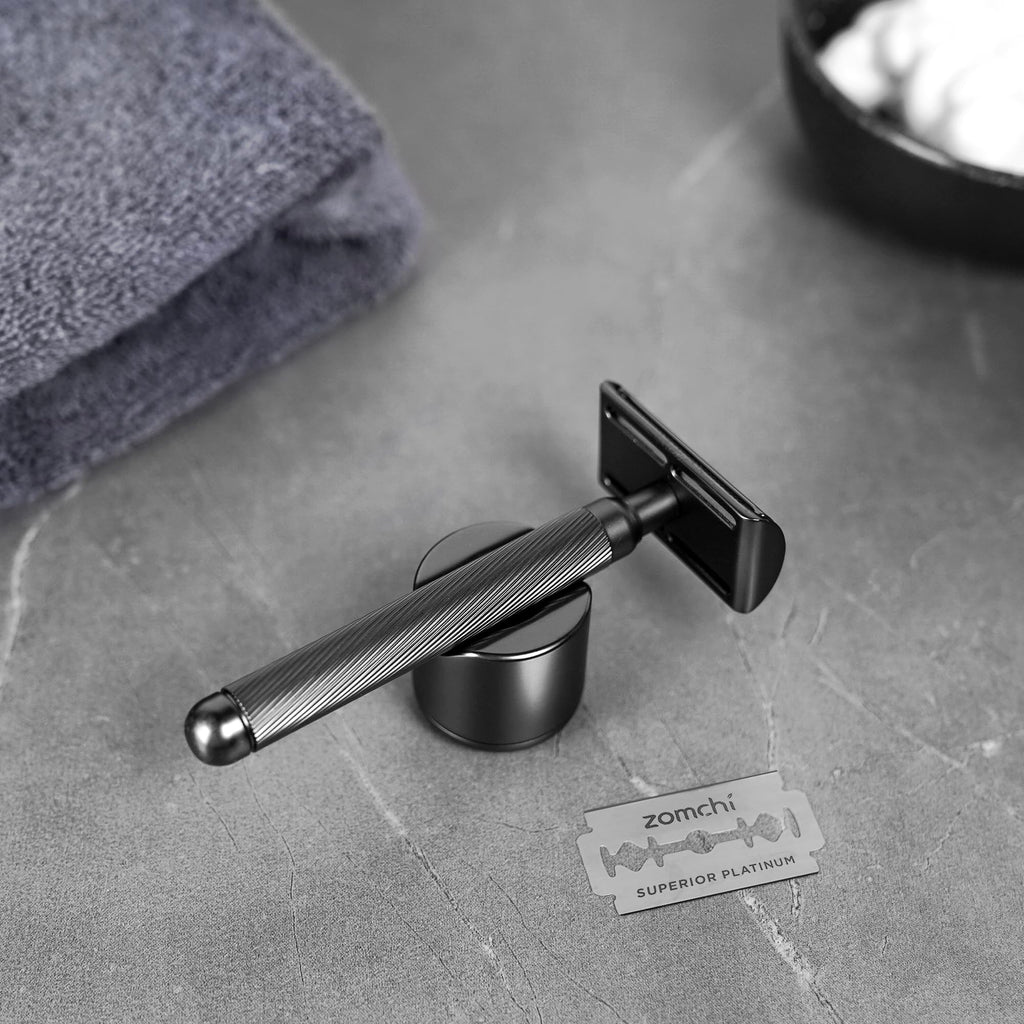 ZOMCHI Double Edge Safety Razor with Razor Stand, [New Version 2.0 ] Men’s Metal Razor with 10 Safety Razor Blades for Men & Women - Matte Black