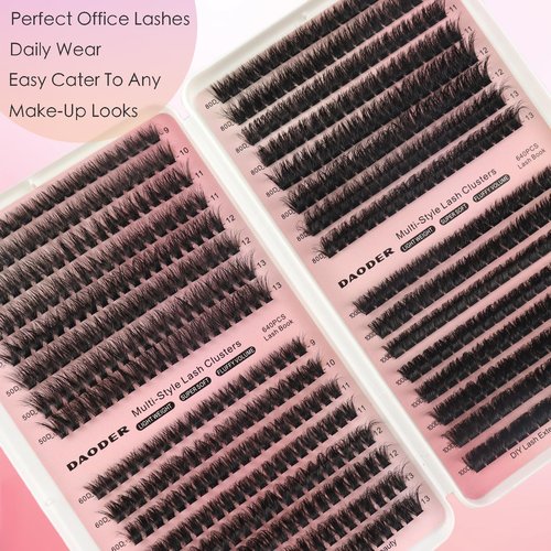 DAODER Thick Short DIY Lash Extension Kit 640pcs 50D 60D 80D 100D Mixed Volume 3D Cluster Eyelash Extensions Fluff D Curl Individual Lashes Clusters with Lash Remover Bond Seal 9-13mm