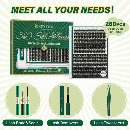 KEYYOU LASH 3D Effect lash Clusters Kit 80D100D 280pcs Eyelash Clusters Kit D Curl Individual Lashes Kit Wispy Lash Extensions Kit with Waterproof Lash Bond and Seal Tweezers (Lash Kit-8-16MIX)