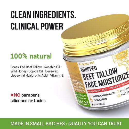 PROJECT 701 Beef Tallow for Face and Skin - Grass Fed Tallow and Honey Balm, Face Moisturizer with Liposomal Hyaluronic Acid - Day and Night Cream for Dry Sensitive Skin, Glass Jar 2.25 oz