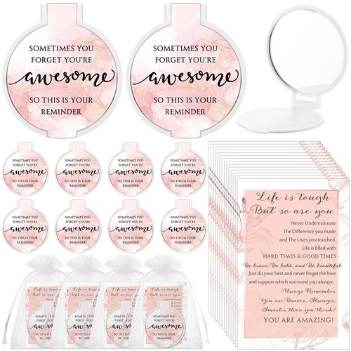 Cinnvoice 25 Set Inspirational Compact Mirror Bulk for Women Sometimes You Forget You're Awesome Motivational 2.76 Inch Small Double Sided Folding Pocket Mirror for Women Lady Mothers Day(Pink Marble)