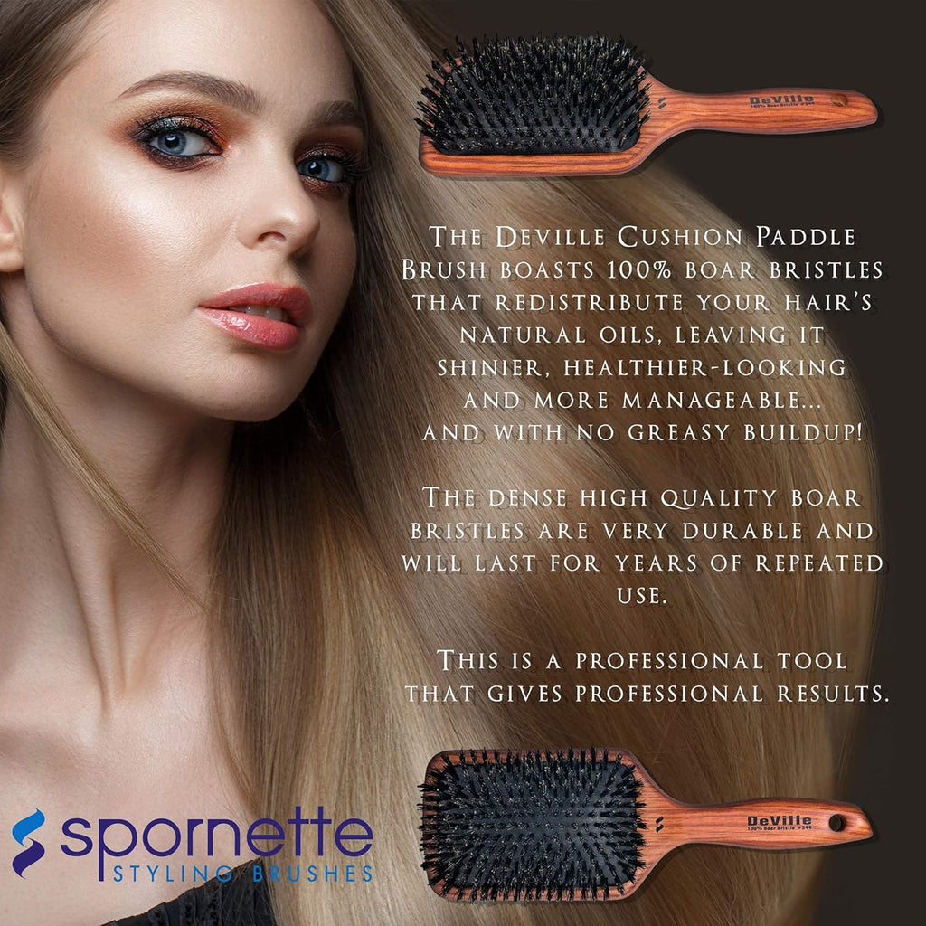 Spornette Deville Cushion Paddle Brush - Boar Bristle Hair Brush for Smoothing & Detangling | All Hair Types