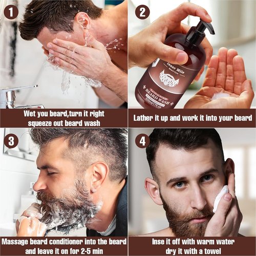 ISNER MILE Beard Wash & Conditioner Set - 17 oz Biotin, Argan & Jojoba Oil Shampoo for Soft, Strong Beard - Sandalwood Scented Grooming Gift
