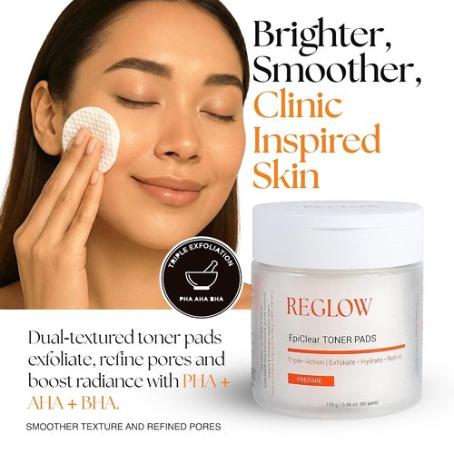 ReGlow EpiClear Toner Pads - Exfoliating Facial Pads with PHA, AHA, BHA & Niacinamide - Hydrating & Resurfacing Daily Peel for Smooth Skin | 60 Pads
