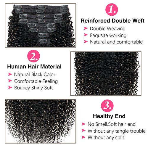 3C 4A Kinky Curly Clip in Hair Extensions Human Hair for Black Women - 8Pcs 18Clips Double Weft Brazilian Remy Human Hair Thick to Ends 120G/4.2oz Natural Black (12 inch)