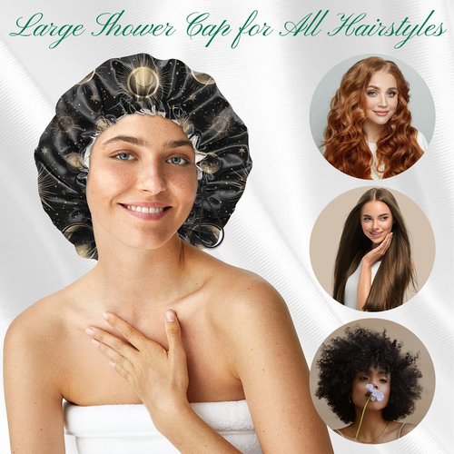 BHAHB 2 PCS Shower Cap Waterproof Double Layer Elastic Adjustable Reusable Hair Bath Caps for Girls Women Cute Aesthetic-Golden Black