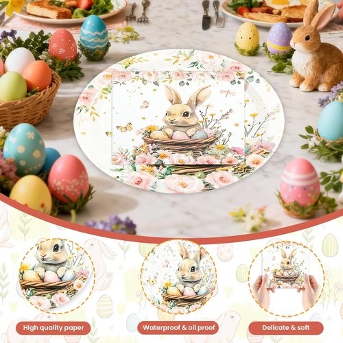 Regine Switzerland Easter Party Plates Set - 40 Pcs 9-Inch Bunny & Flower Design | Perfect for Spring Celebrations