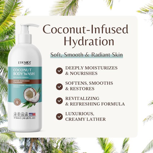 EDENIKA BOTANICALS Coconut Body Wash - Ultra Moisturizing Shower Gel for Dry Skin | 16 fl oz, 2-Pack