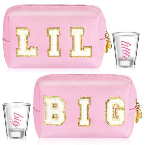 Shinylin 2 Set Big Little Sorority Gifts Includes Clear Sorority Big Little Shot Glass PU Leather Preppy Cosmetic Bag 2oz Tequila Mini Glass Cup Letter Makeup Pouch for Women Sister(Cute)