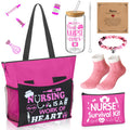 Yetene 5 Pcs Valentine Nurse Gifts for Women Include Ribbon Zippered Tote Bag Makeup Bag 16 oz Glass Cup Bracelets and Sock Appreciation Gift Set for Galentines Female Gift(Hot Pink,Nurse)