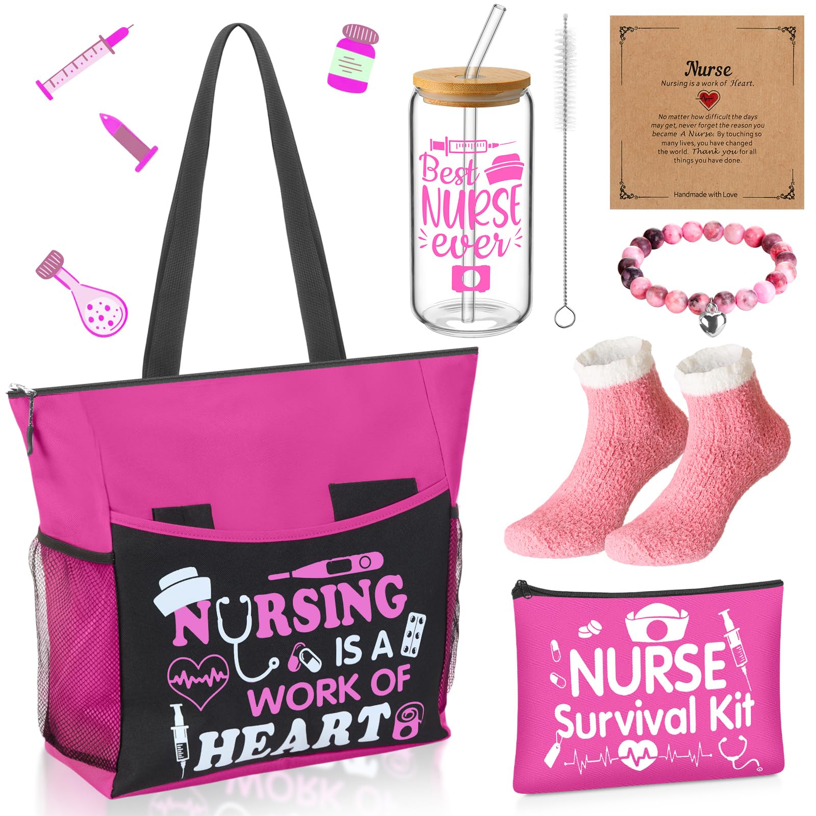 Yetene 5 Pcs Valentine Nurse Gifts for Women Include Ribbon Zippered Tote Bag Makeup Bag 16 oz Glass Cup Bracelets and Sock Appreciation Gift Set for Galentines Female Gift(Hot Pink,Nurse)