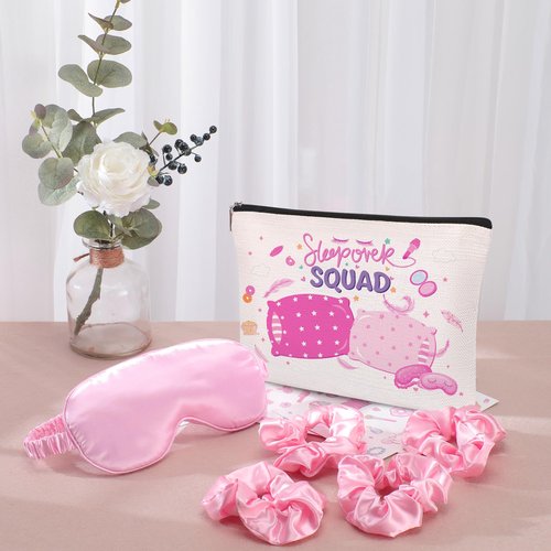 Papiailove 12 Pcs Sleepover Party Supplies for Girls, Includes 4 Pink Plush Eye Masks, 4 Hair Bands and 4 Double-Sided Printed Makeup Bags Slumber Party Supplies Spa Birthday Party Favors