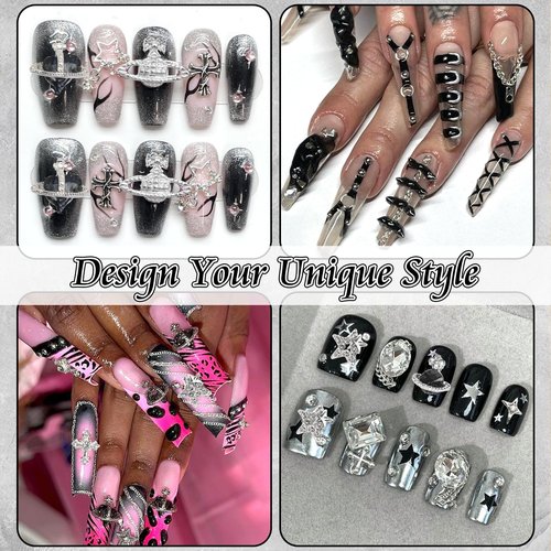 BELICEY 190PCS 3D Nail Charms - Silver Star Cross Planet Rivet Punk Cone Jewels for Acrylic Nails