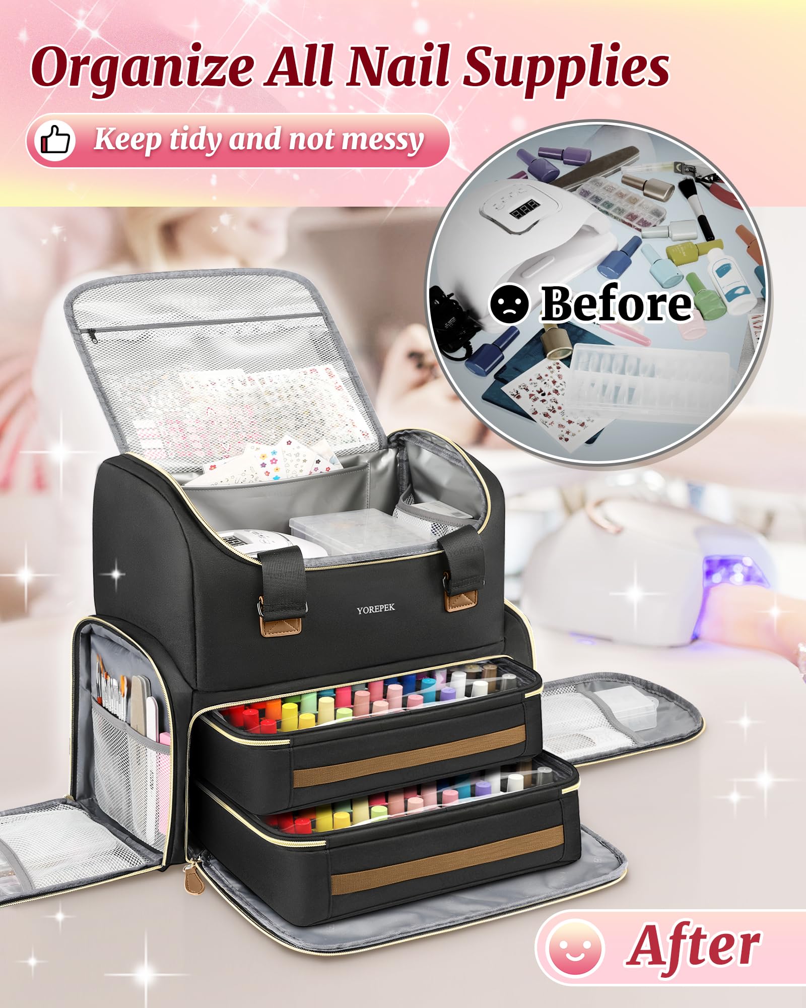 YOREPEK Extra Large Nail Polish Organizer Case Backpack Holds 96 to 100+ Bottles(15ml/0.5 fl.oz) UV Nail Lamp,Nail Organizers and Storage with 2 Removable Pouches Fits Nail Stuff,Gifts for Manicurist