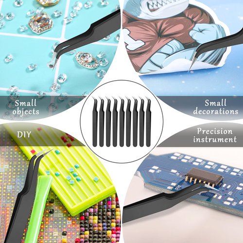Honoson 9 Pieces Curved Pointed Craft Tweezers Stainless Steel Precision Tweezer with Protective Cover for Rhinestones Dried Flowers Craft Stickers Eyelash Extension Jewelry Making(Black)