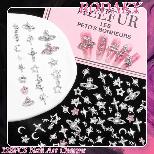 RODAKY 128PCS Silver Nail Charms Cross Star Charms for Nails 3D Saturn Planet Nail Jewelry Pink Nail Rhinestone Gems Mixed Style Y2K Nail Decoration Manicure Design Nail Accessories