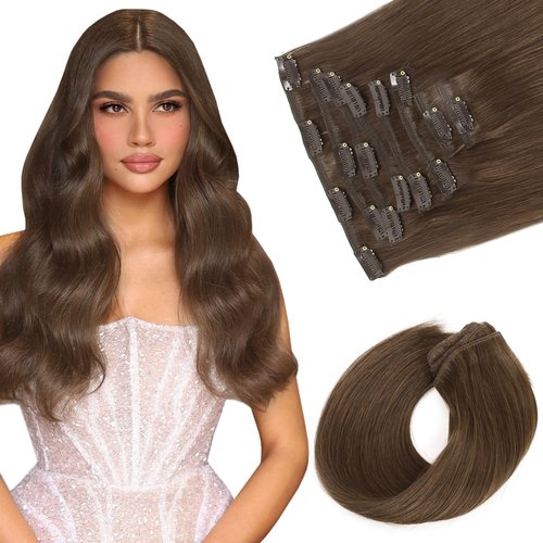 Sassina Clip in Remy Hair Extensions Real Human Hair 14 Inch Straight Clip in Human Hair Extensions Medium Brown Double Weft Clip ins Extensions 8 Pcs 90 Grams #4