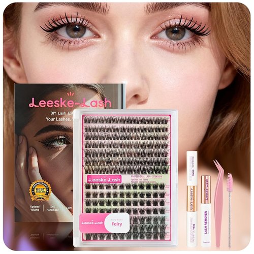 LEESKELASH DIY Wispy Lash Extension Kit, 10-16mm Cluster Eyelash Extensions Kit, D Curl Individual lash Clusters with Lash Bond and Seal, Lash Tweezers for Self Use (Style：Fairy)
