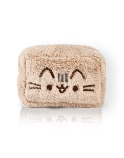 Pusheen Womens Fluffy Makeup Bag | Ladies All Over Fur with Embroidered Logo in Tan | Classic Logo Zip Cosmetic Storage Bag