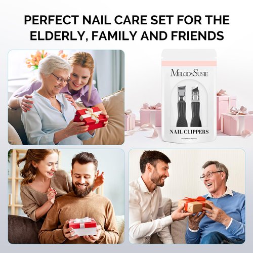 MelodySusie Wide Jaw Opening Nail Clippers Set, 2 pcs Toenail Clippers for Seniors Thick Nails, Anti-Splash Curved and Slanted Nail Clippers for Men Women, Fingernail Cutter with Catcher, Black
