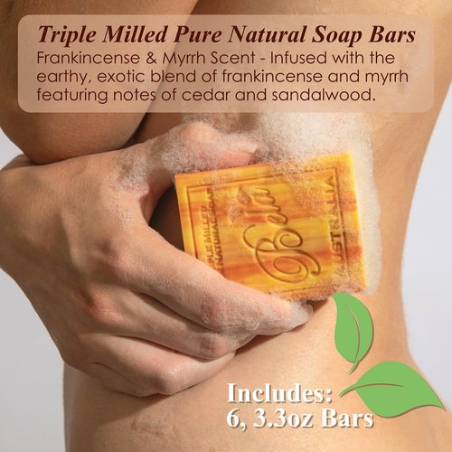 BELA Frankincense and Myrrh Soap 3.3 OZ Pack of 6, French Triple Milled Bar Soap with Organic Shea Butter, Hand, Face and Body Wash Bar, Made in Australia