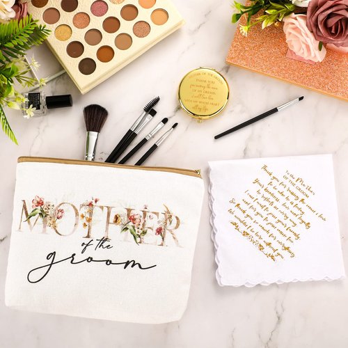 Coume 6 Pack Mother of The Bride Gifts Mother of The Groom Gifts Set with 2 Flower Themed Cosmetic Bags 2 Makeup Mirror 2 Handkerchiefs for Women Wedding Engagement Proposal Bridal Shower