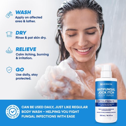 Hermon Antifungal Body Wash for Jock Itch: Tea Tree oil Body Wash for Jock Itch, Ringworm, Back Acne, Athlete's Foot, Tinea - Medicated Soap for Men and Women