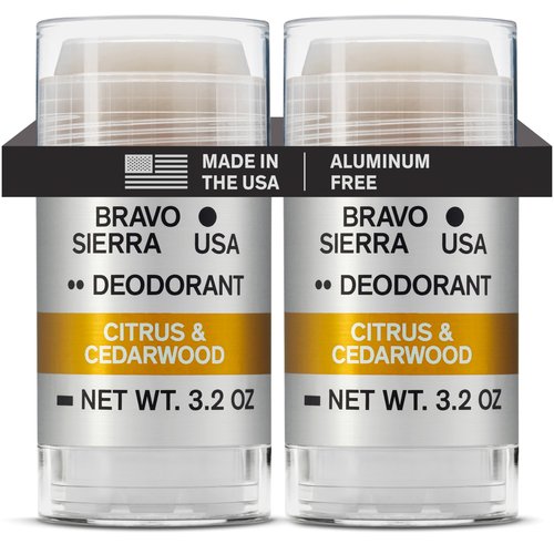 Aluminum-Free Deodorant for Men by Bravo Sierra, 2-Pack - Contains Natural Ingredients – Long Lasting Odor and Sweat Protection - Citrus & Cedarwood, 3.2 oz - Paraben-Free, Vegan & Cruelty-Free
