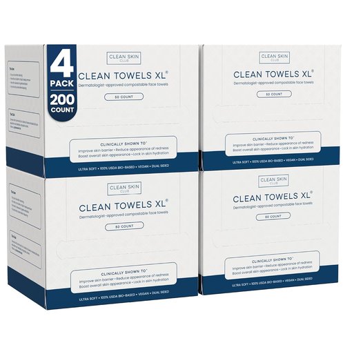 Clean Skin Club Clean Towels XL® - 100% Biobased Disposable Face Towels | Ultra Soft, 50 Ct Per Pack, 4 Packs