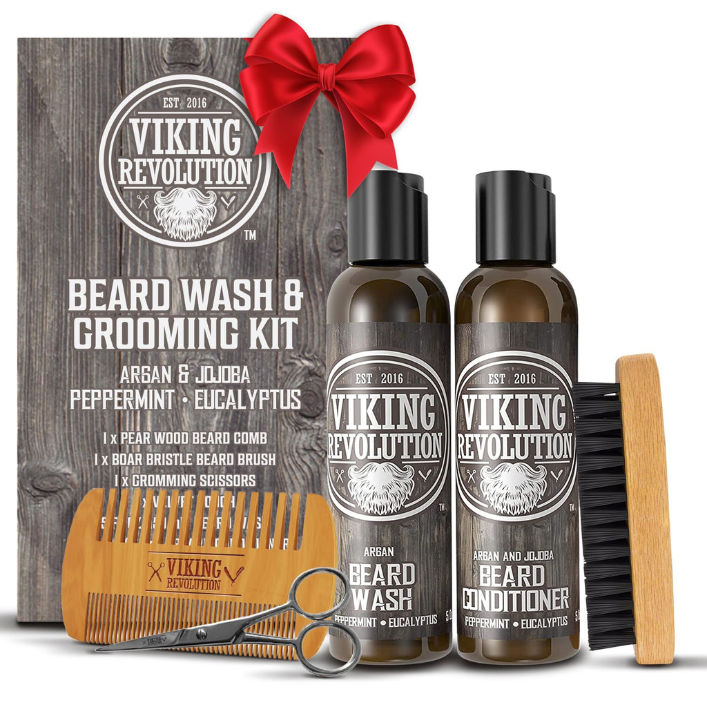 Viking Revolution Beard Brush and Comb Set with Peppermint Eucalyptus Beard Wash and Conditioner (5 Oz each) - Grooming Kit for Men with Argan and Jojoba Oils - Gifts for Men