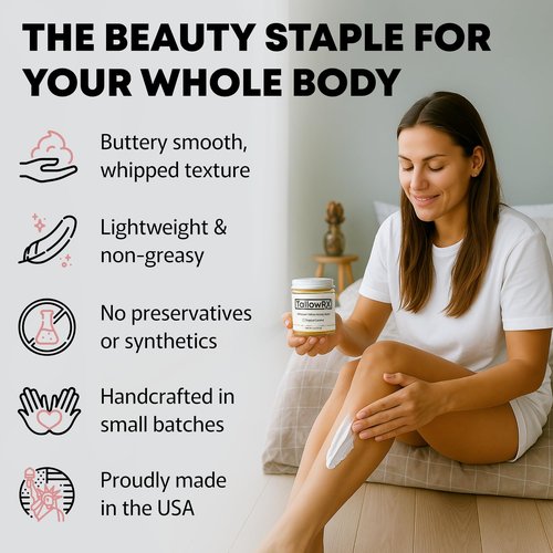 100% Grass-Fed Beef Tallow for Skin – Whipped Tallow Honey Balm, Pure & Organic Moisturizer for Face & Body with Manuka Honey, Jojoba & Calendula – Deep Hydration & Soothing (4 oz, Vanilla Scented)