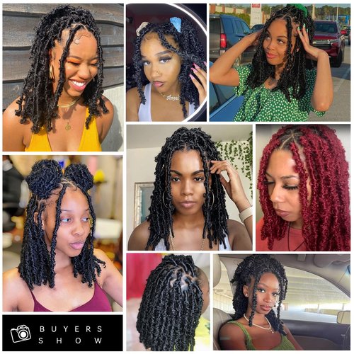 GUOHUI Butterfly Locs Crochet Hair 16 Inch 6 Packs Color Natural Black All Handmade Pre-Looped Distressed Faux Locs Braids for Women Kids (16",1B)