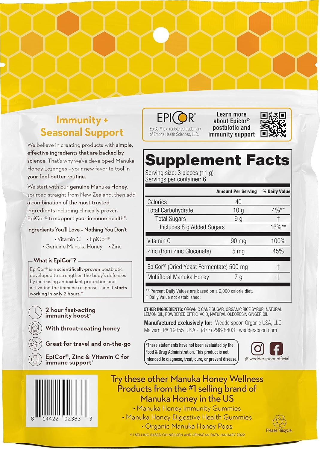 Wedderspoon Manuka Honey Lozenges - Lemon Ginger Flavor, 2.6 Oz | Boost Immunity Fast