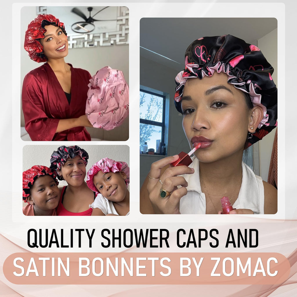 Zomac Satin Shower Cap for Women, Reusable and Waterproof Shower Cap for Long Hair, Luxury Print and Double Layer (Pink, Large)