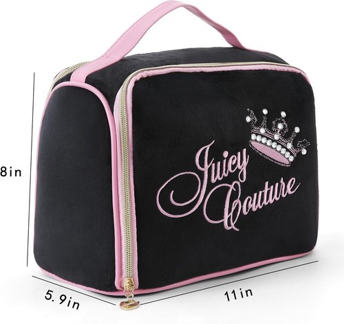 Juicy Couture Makeup Bag - Vintage Style Velour Organizer with Rhinestone Crown | Black Travel Essentials