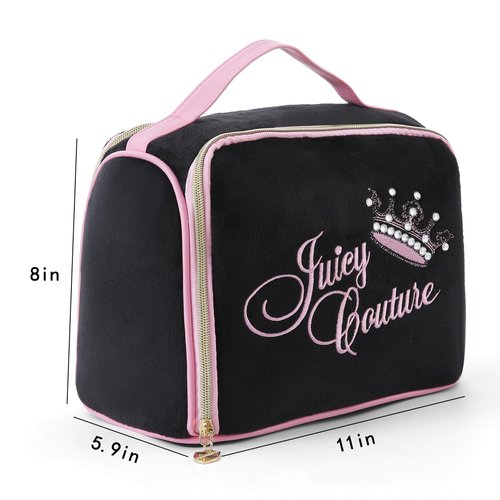 Juicy Couture Black Makeup Bag Cosmetics Organizer Travel Essentials Bowler Vintage Style Velour Rhinestone Crown
