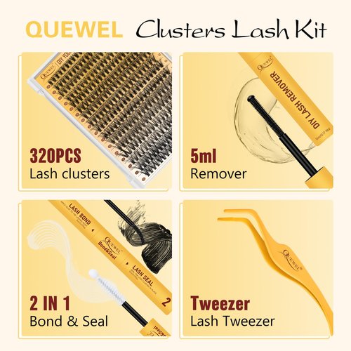 QUEWEL Lash Clusters 320Pcs Cluster Lashes 50D D Curl Lash Cluster Eyelash Extensions Mix9-16mm Individual Eyelashes Clusters Wispy Lash Clusters Thin Band Soft to Use at Home(50D D Mix9-16)