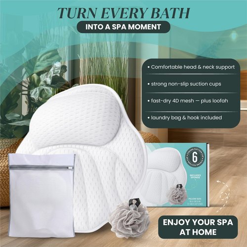 Bathtub Pillow for Head and Neck Support, Bath Pillow for Tub with 6 Suction Cups, Quick Dry Spa Tub Pillow, Bath Back Cushion with Mesh Polyester, Includes Bath Sponge and Wash Bag