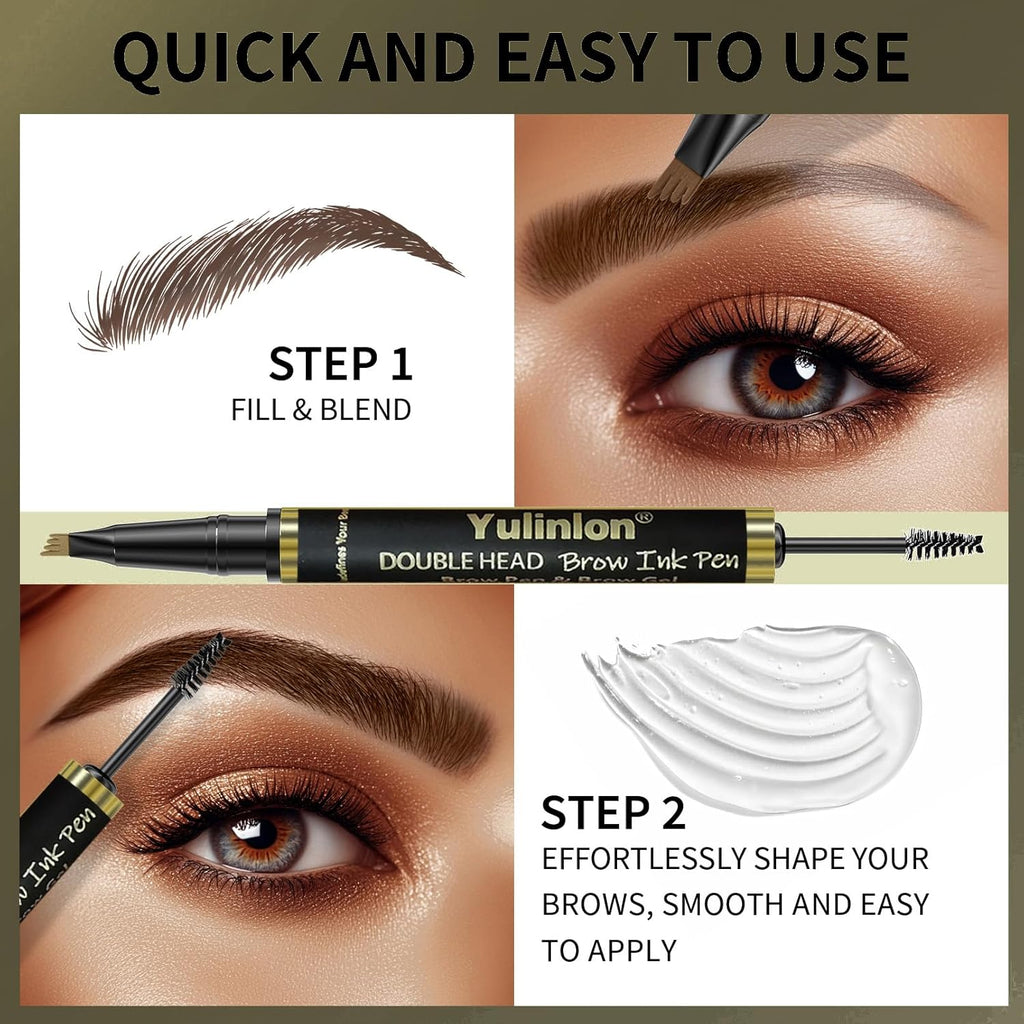 Yulinlon 2-in-1 Double Head Eyebrow Pen - Waterproof Brow Makeup with Dual-Ended Applicator | Dark Brown