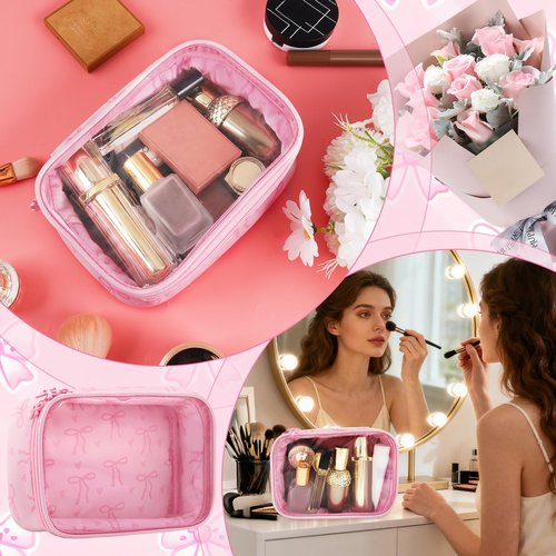 URSKYTOUS Clear Bow Makeup Bag for Women Preppy Pink Bow Cosmetic Bag with Zipper Cute Small Pencil Pouch Portable PVC Makeup Pouch for Purse Waterproof Toiletry Bags Cosmetics Storage Organizer