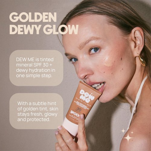 SPOOGE Dew Me Mineral All-Screen - Tinted SPF 30 Face Sunscreen with Hyaluronic Acid + Niacinamide for Golden Glow Dewy Finish - Dermatologist Developed, Makeup Primer Complexion Perfector - (1.7 Oz)